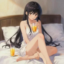 an anime woman sitting on a bed next to a glass of juice, a detailed painting by zhou jichang, trending on pixiv, fantasy art, official art, detailed painting, anime