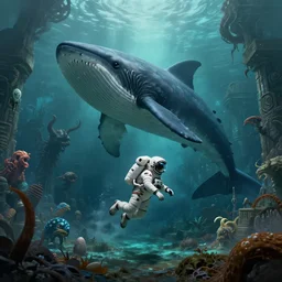 An astronaut is under the sea, he has a big egg, he is swimming away from the giant leviathan that is behind hunting him, the leavithan is evil, this is an extravagant planet with wacky wildlife and some mythical animals, the background is full of ancient ruins, the ambient is dark with a terrifying atmosphere, by Jordan Grimmer digital art, trending on Artstation,