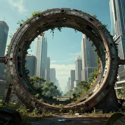circular derelict portal in a middle of a futuristic cityscape, world with trees seen through a portal, daylight, cinematic perspective, cinematic lighting, blue sky, syd mead, john harris