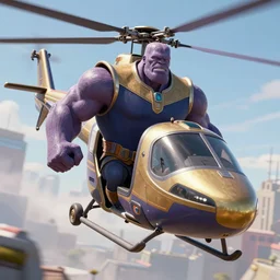 Thanos driving his helicopter, hyperdetailed, artstation, cgsociety, 8k