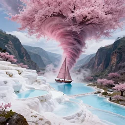 cyberpunk sailboat sailing in a sakura multiversal tornado appears out of nowhere in waimea canyon, tornado is a gateway to thermal waters flowing down white travertine terraces on building tao zhu yin yuan, otherworldly visuals, visually stunning, divine, scifi, by james jean, ruan jia, ilya kuvshinov, martine johanna, peter mohrbacher