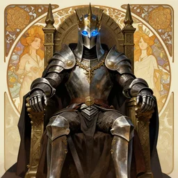 epic fantasy, D&D character, the King of Death knights sitting on his throne, blues lighting eyes, detailed illustration, hd, 4k, digital art, overdetailed art, concept art, by greg rutkowski, by Alfons Mucha, complementing colors, Trending on artstation, deviantart