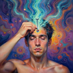a psychedelic surreal painting of a man removing a nail made of energy from his third eye