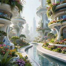 biophilic futuristic cyberpunk suspended city gardens architectural landscape, fluidity, colorful flowers, porcelain, beautiful morning light, canal bridge paths pedestrian cafes, interior, water, metallic, grass, trees, modular buildings, vincent callebaut composition, high detailed, ultra sharp, 3 d, 8 k, unreal engine, hdr