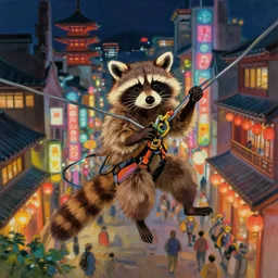 japanese raccoon dog rogue ziplining through a crowded city, cinematic, detailed, d & d, colorful, hyperrealistic, trending on artstation, studio ghibli, dynamic, vibrant lighting, oil painting, japanese architecture, nighttime, little nightmares