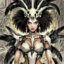 one fierce looking beautiful young woman with afro hair and symmetrical white makeup, mad max, black leather straps, wearing intricate bodysuit and headdress made from white bones and black feathers, painted by makoto shinkai, studio ghibli, intricate linework, unreal engine 5 highly rendered, global illumination, radiant light, detailed and intricate environment