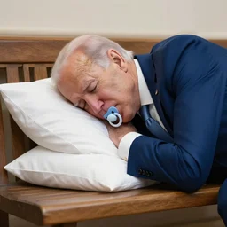 joe biden sleeping on a bench in congress with his head on a white pillow sucking on a pacifier