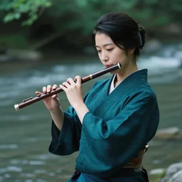 beautiful japanese woman playing a flute by a river, nadescio rin, drab blue greens, dark greens, highly detailed, award winning