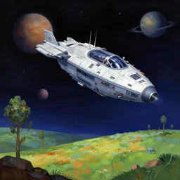 a spaceship in a field on an alien planet, art by thomas kinkade, from a space themed serria point and click 2 d graphic adventure game, made in 2 0 1 8