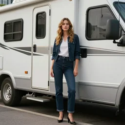 Rachel Amber, full shot, standing outside an rv, realistic, hyperrealistic, highly detailed, very detailed, 8k resolution, real life, HD quality, dramatic, city quality lighting