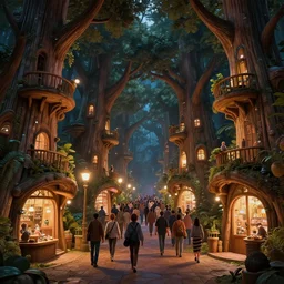 crowded street between futuristic giant wooden tree trunk buildings, organic wooded shops, solarpunk, organic bioluminescent street lights, dark forest canopy understory, cinematic lighting, night time, octane render, 3 d pixar disney digital cgi rtx hdr painting, highly detailed, artstation cgsociety masterpiece, by syd mead, greg rutkowski, wlop, artger