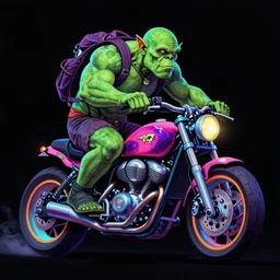 psychedelic blacklight airbrush artwork, hyper stylized action shot of an orc biker riding a motorcycle, airbrushed on a black background