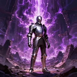 a single armored knight standing in the ruins of crux prime, purple fiery maelstrom in the distance, digital art, artstationhq