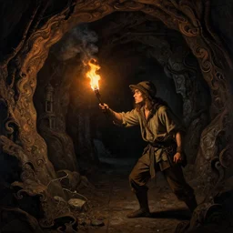 an adventurer lights a torch in the depths of a dark dungeon, dramatic lighting, fluid, smooth, bright, colours, high contrast, sharpness, very detailed, intricate, by donato giancola, gustave dore and junji ito and caravaggio