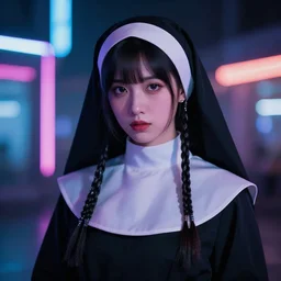 portrait of a pretty intriguing cyberpunk nun girl looking piously at camera. neon lights, Bokeh, Graflex, by Petra Eriksson