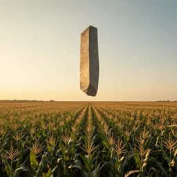 wide shot of a floating monolith above a cornfield, late afternoon, golden hour, concept art by greg rutkowski and jakub rebelka