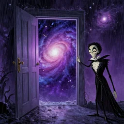 comic book art in the style of bob ross and tim burton, trending on artstation, rain, beautiful, matte painting, galaxy, traveling through time, epic adventure, cinematic composition, realistic portal, door to another dimension