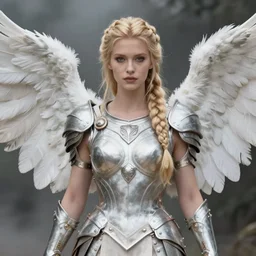 artistic portrait of a valkyrie with white feathered wings, wearing armor, feathered wings, perfect fit body, long blonde braided hair, beautiful eyes and lips, art by artgerm and wlop and brom, highly detailed, 8 k, cinematic, mist, digital painting, trending on artstation, concept art, sharp focus, illustration, masterpiece