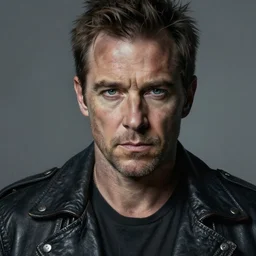 portrait of hugh laurie, gritty, dark, wearing a leather jacket, very detailed eyes, hyperrealistic, very detailed painting by Glenn Fabry, by Joao Ruas, by Artgerm