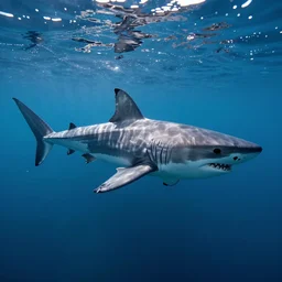 water magic art in the shape of a giant shark, on the ocean water, ray tracing, realistic water sharp focus, long shot, 8 k resolution, cinematic, amazing water art