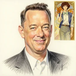 tom hanks smirk, colored pencil sketch portrait painting by richard schmid, thomas moran, studio ghibli, loish, alphonse mucha, fashion photography