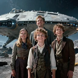 extremely sharply detailed, scan from blockbuster 8 k sci fi color movie freeze frame, set 1 8 6 0, family standing in front of crashed spaceship, on alien planet, looking happy, wearing 1 8 5 0 s era clothes, atmospheric lighting, in focus, reflective eyes, - 9 9 9 9 9 mm macro lens, live action, nice composition and photography, clear faces