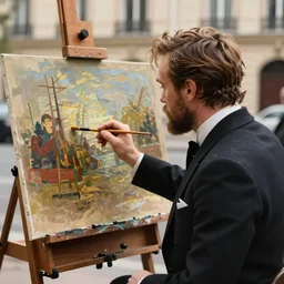 mcgregor is dressed as a gentleman at early 2 0 th century paris. he is watching an easel. that easel has a canvas on it. ewan mcgregor has a brush on his hand. he is painting a painting. we can see his back. no background.
