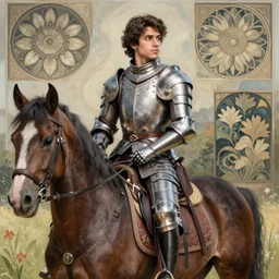 frankie muniz young with medieval armor, on horse, field background, intricate, elegant, highly detailed, artstation, sharp focus, illustration, rutkowski, mucha