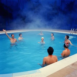 happy people, the vintage swimming pools, velvet fog, deep blue mood, colorful, contemporary archival color photograph print from the original negative