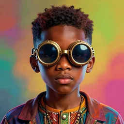 colourful vfx upper half - portrait - art of a nigerian boy wearing steam punk goggles with proportions in the style of jack davis, art by hsiao - ron cheng & james jean, digital render, digital illustration, concept art, caricature, volumetric light, ray tracing, symmetrical, unreal engine, octane render, sharp, detailed, intricate detail, pinterest, behance, art station,