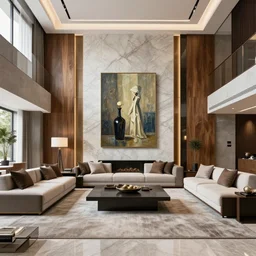 living room, modern luxury maximalist, wood concrete marble finishes, vanitas oil paintings, symmetrical wide shot low angle