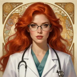 portrait, An female doctor with red flowing hair and glasses, beauty, lip gloss, pretty, fantasy, intricate, elegant, highly detailed, D&D, digital painting, artstation, concept art, matte painting, sharp focus, illustration, in the style of Greg Rutkowski and Alphonse Mucha and artemisia, 8k,