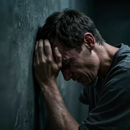 a close - up of an asylum patient filled with pain and anguish, banging head against wall, dark, depressing, grim, atmospheric lighting, cinematic, unreal engine, digital art