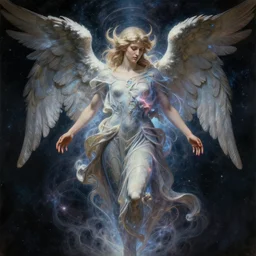 hiperrealistic, ultra detailed art nouveau painting of an archangel made of cosmic energy, character art, character study, 4 k uhd, post production, dark tones, intricate, masterpiece, sharp focus