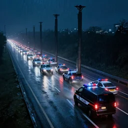 concept art of a column of police cars protecting a black van on the highway, dramatic, night, longshot, trending, cinematic, rainy