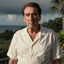 detailed ultrarealistic medium shot photography of old nicholas cage as magnum in resort shirt cinematic