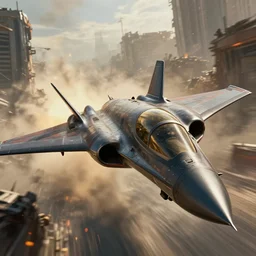 macro closeup photo of mass effect harrier jump jet being chased in a post apocalyptic fallout 4 city, 3 pm, smoke, dust, embers, mad max, action, speed, rocket league, volumetric lighting, hdr, need for speed, gta 5, ridley scott, syd mead, craig mullins, cinematic, blade runner, octane