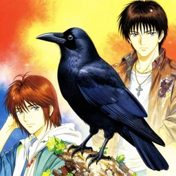 colorful illustration of raven bird, by hajime sorayama and james jean and junji ito