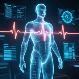 human performance, wireframe human, heartbeat, glowing wireframe, future scifi scene, biometric dials and displays in background,