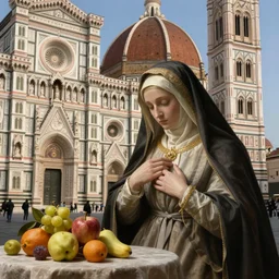 florence cathedral masterpiece ultrarealistic ultradetailed painting of catholic veiled lady beside fruits, still life, greg rutkowski, immerse, slime, 2 0 th century, special effects makeup, maximalist, glittering, gold, ivory, hyperreal, golden ratio, alphonse mucha