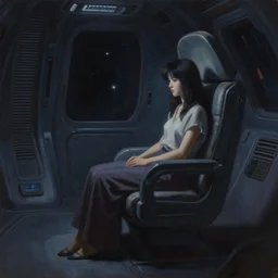 hyperrealism oil painting, complete darkness, lonely woman sitting in alien movie high detailed spaceship interior, soft light, in style of classicism mixed with 8 0 s japanese sci - fi books art