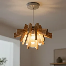 a designer lamp for the living room, hanging from the ceiling, made from pieces of wood and 3 ledlights, modern design, elegant, hyperrealistic, 8 k