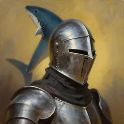 greg manchess oil matte portrait painting, knight helmet with a shark tail coming out of it, fantasy, wonderful masterpiece highly detailed, scifi, beautiful cinematic light deep focus, elegant, digital painting, smooth, sharp focus, golden ratio, dramatic illumination, ultra realistic, 4 k, art by greg rutkowski wlop rossdraws