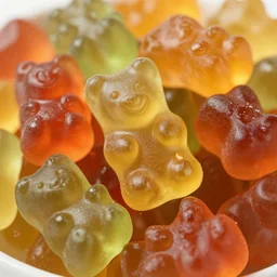 macro image of a bowl full of gummy bears, realistic, glistening, slightly sprayed with water.