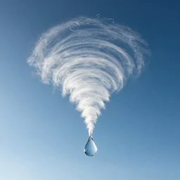 beautiful picture of only a perfect blue sky in high altitude, weather phenomenon: many big drops of water floating quietly in a tornado shape, hot and sunny highly-detailed, elegant, dramatic lighting, artstation, 4k, cinematic landscape, photograph by National Geographic