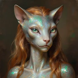 detailed portrait in femininity, regal alien, feline, realistic face sculpted features, specular clear eyes, statuesque model, opalescent skin, silky hair, warm glow, subsurface scattering, wet reflections, chiaroscuro, shimmering scales, biomorphic, organic impressionism, dappled backdrop, burnt sienna and emerald color palette, painterly