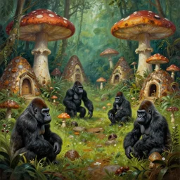 a jungle village of albino gorillas and their mushroom huts, matte oil painting, retrofuturistic, science fantasy, salt, rust, mutant, lgbt, queer, rpg, epic, dungeons & dragons, sacred, sharp focus, award - winning, extremely detailed, 4 k, 8 k