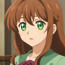 key anime visual of a beautiful girl with brown hair and green eyes, trending on Pixiv; detailed