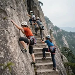 Mountain climbers climbing a staircase, hyperdetailed, artstation, cgsociety, 8k