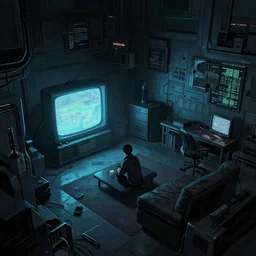 a high resolution technical concept art of a ( ( ( ( ( ( ( ( ( ( cyberpunk ) ) ) ) ) ) ) ) ) ) studio apartment!!!!!!!!! by senior concept artist, a screenshot from the beautiful tech noir moody cyberpunk science fiction anime about the lonely detective, the tv set to static, from the anime film ergo proxy, trending on art
